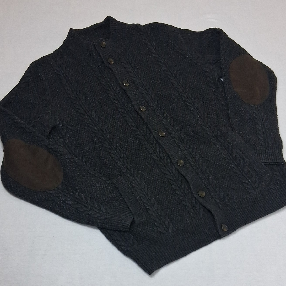 Jos. A Banks RESERVE Button Up Cardigan, Large, Dark Grey, Suede Elbow Patches